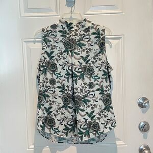 Ann Taylor Factory Floral Mock Neck Sleeveless Top Size Large, Green Black Satin